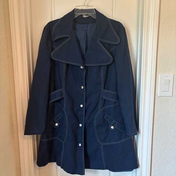 Vintage JCPenney Dark Blue Trench Coat with White Stitching - Picture 1 of 16